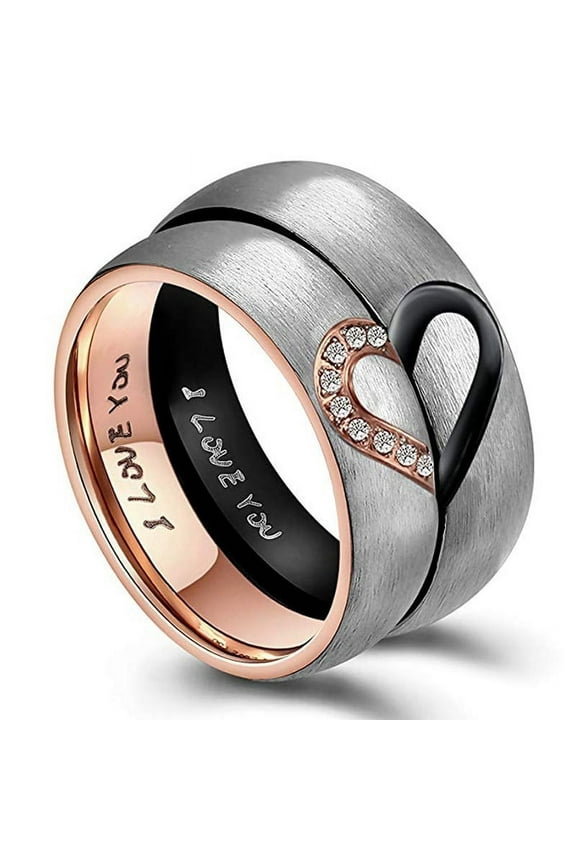 Couple's Matching Heart Ring, His or Her Matching Wedding Band in Stainless Steel, for Men or Women, Comfort Fit1 Pair,A male ring and a female ring