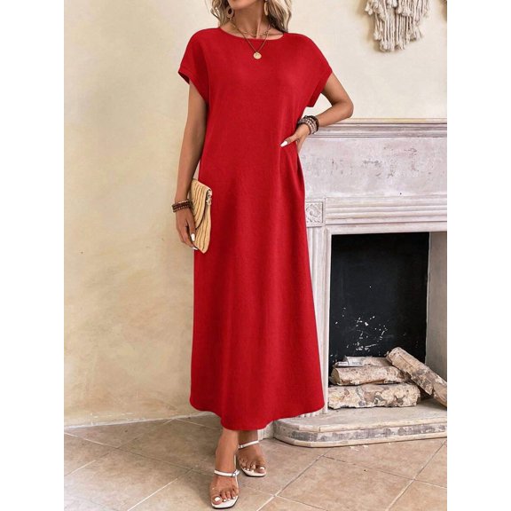 Red Solid Batwing Sleeve Maxi Casual Dress For Women Summer