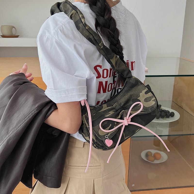 Canvas Pleated Bow Multi-Pocket Baguette Crossbody Shoulder Bag for Women and Girls, Minimalist Zipper Purse with Color-Block Stitching in Camo Green for Daily Commute