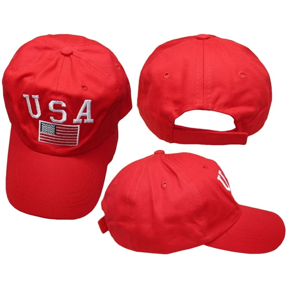 "USA" Letters USA Flag Red Washed Cotton Adjustable Embroidered Hat Cap