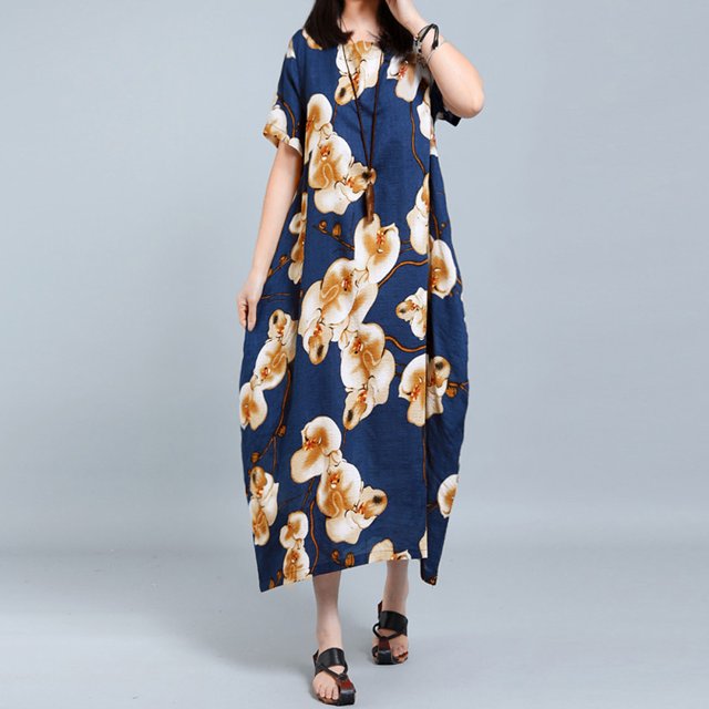 Vestido suelto de verano para mujer/manga corta/cuello redondo vestido largo de gran tamaño Romacci Azul oscuro S