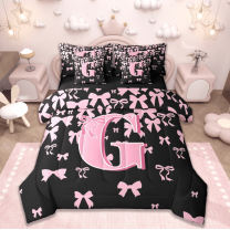 jejeloiu Personalized Gifts Bowtie Bedding Comforter Set 7 Pieces,Letter G Full Bedding Set,Pink Black Bow Bowknot Fitted Sheet Flat Sheet,Lightweight Room Decoration Reversible