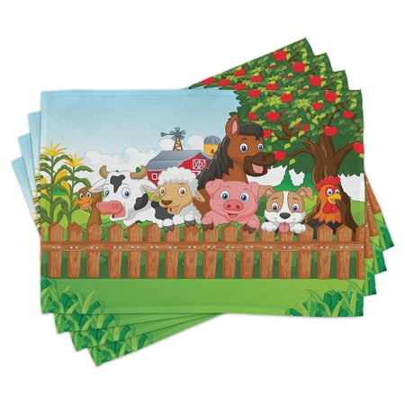 

Cartoon Placemats Set of 4 Collection Cute Farm Animals on Fence Comic Mascots with Dog Cow Horse Kids Design Washable Fabric Place Mats for Dining Room Kitchen Table Decor Multicolor by Ambesonne