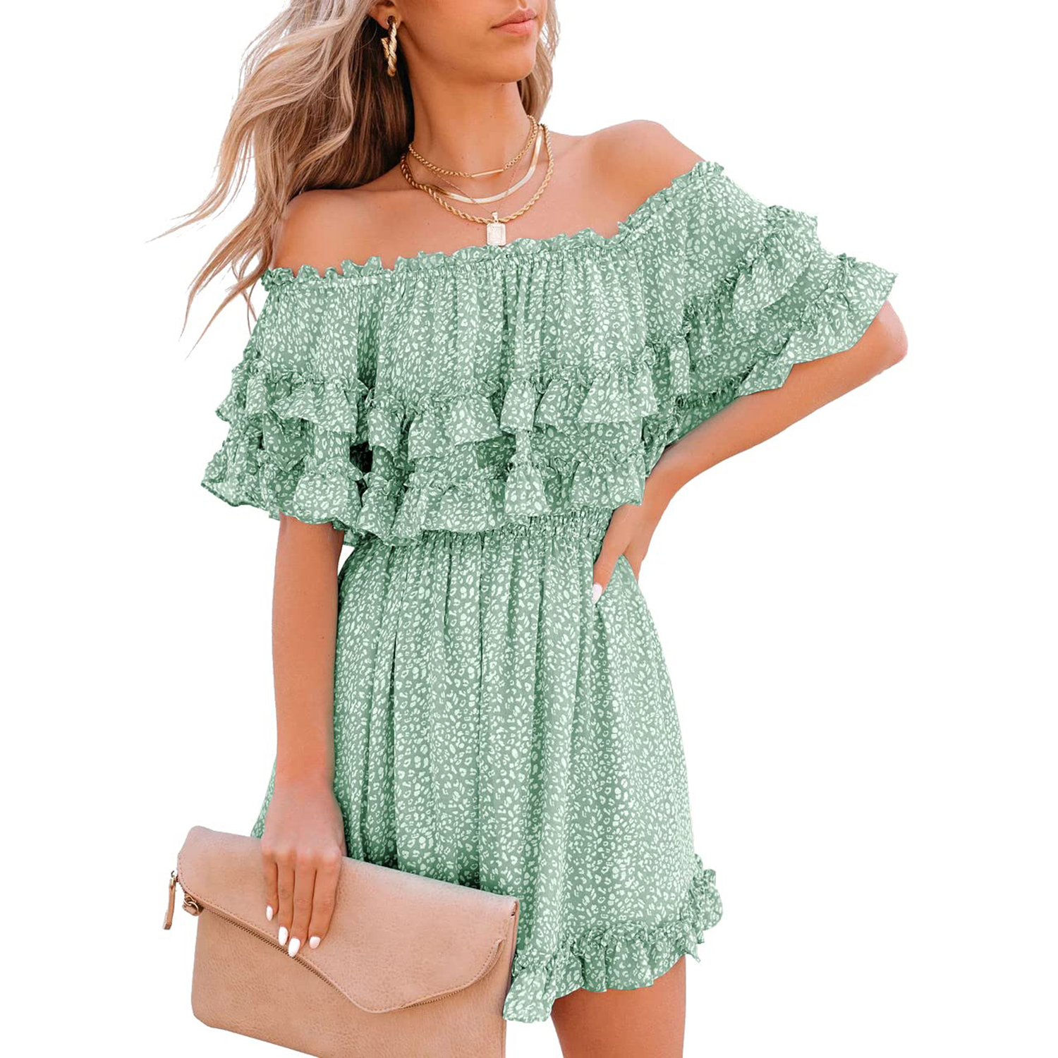 Esobo Womens Flowy Off Shoulder Dress Summer Ruffle Smocked Casual