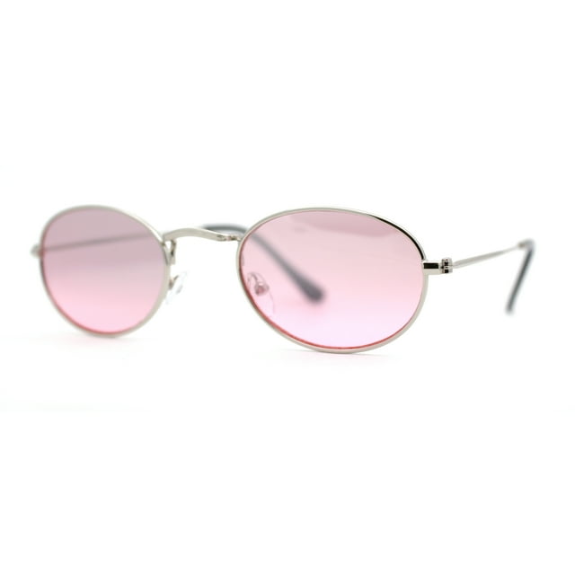 Hippie Micro Narrow Oval Pop Color Lens Metal Rim Sunglasses Silver Pink