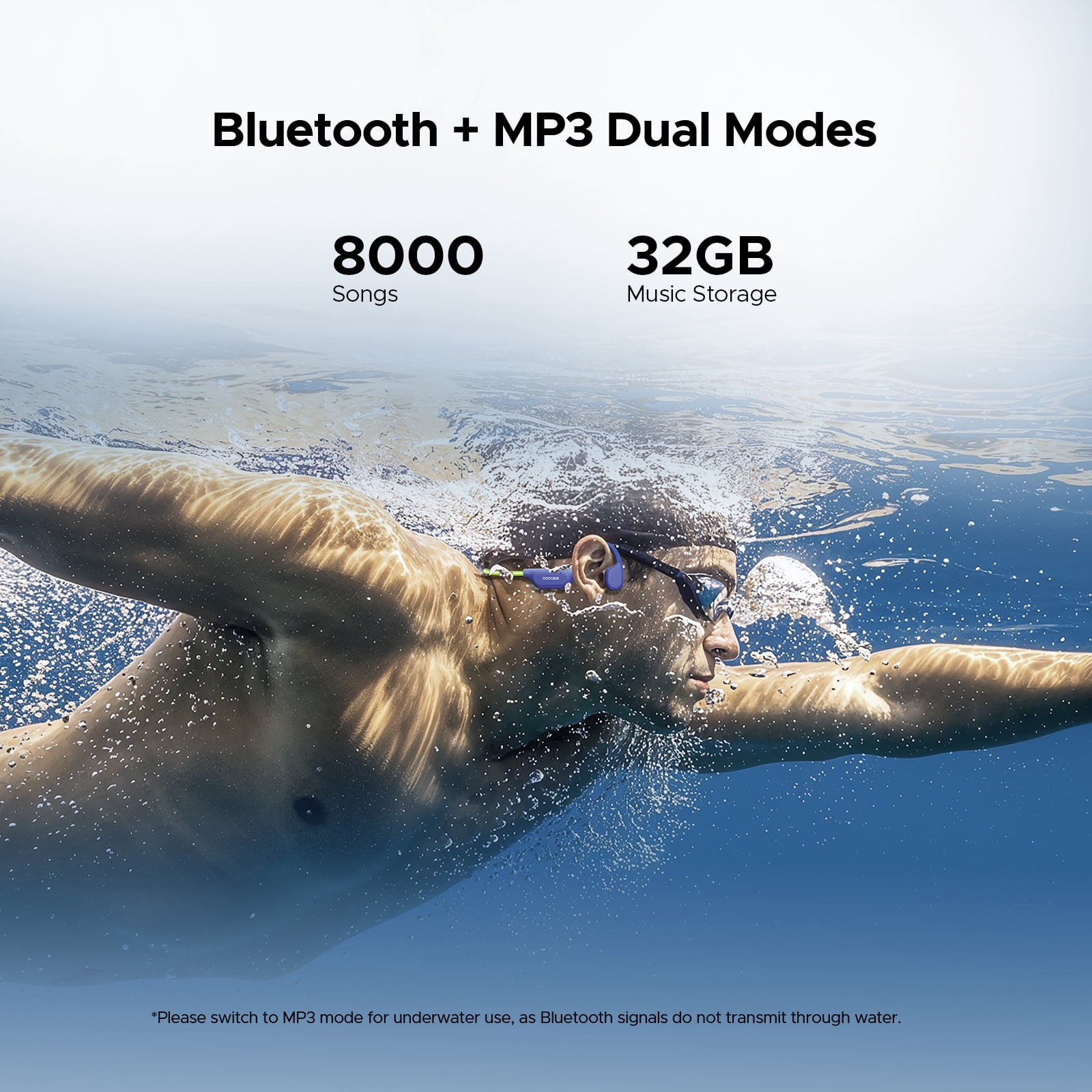 DOOGEE Bone Conduction Swimming Headphones, IP68 Waterproof Open Ear Headphones with 32GB MP3 Player, Bluetooth Audio and LED Safety Light
