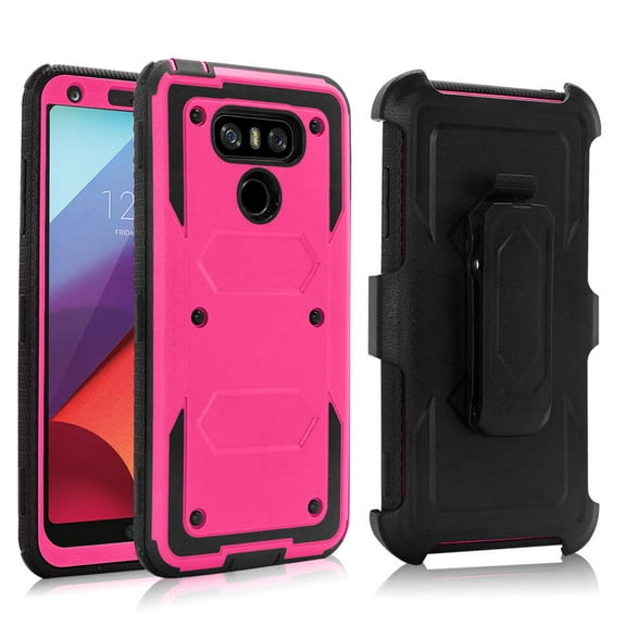 for LG G6 Case,Built-in Screen Protector Heavy Duty Full-Body Rugged Holster Armor Case [Belt Clip][Kickstand] for LG G6 2019 Released(Rose Red)