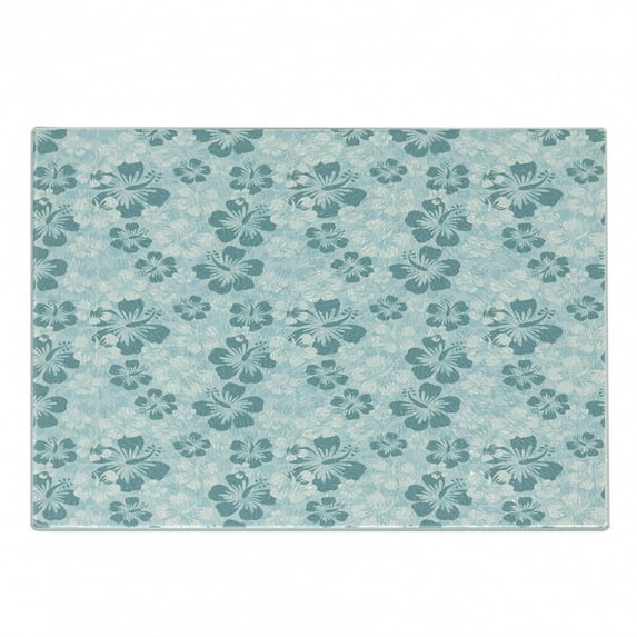 Hawaii Cutting Board, Flower Silhouettes Spring Season Faded Floral Arrangement Blooming Nature, Decorative Tempered Glass Cutting and Serving Board, Small Size, Pale Blue Turquoise, by Ambesonne