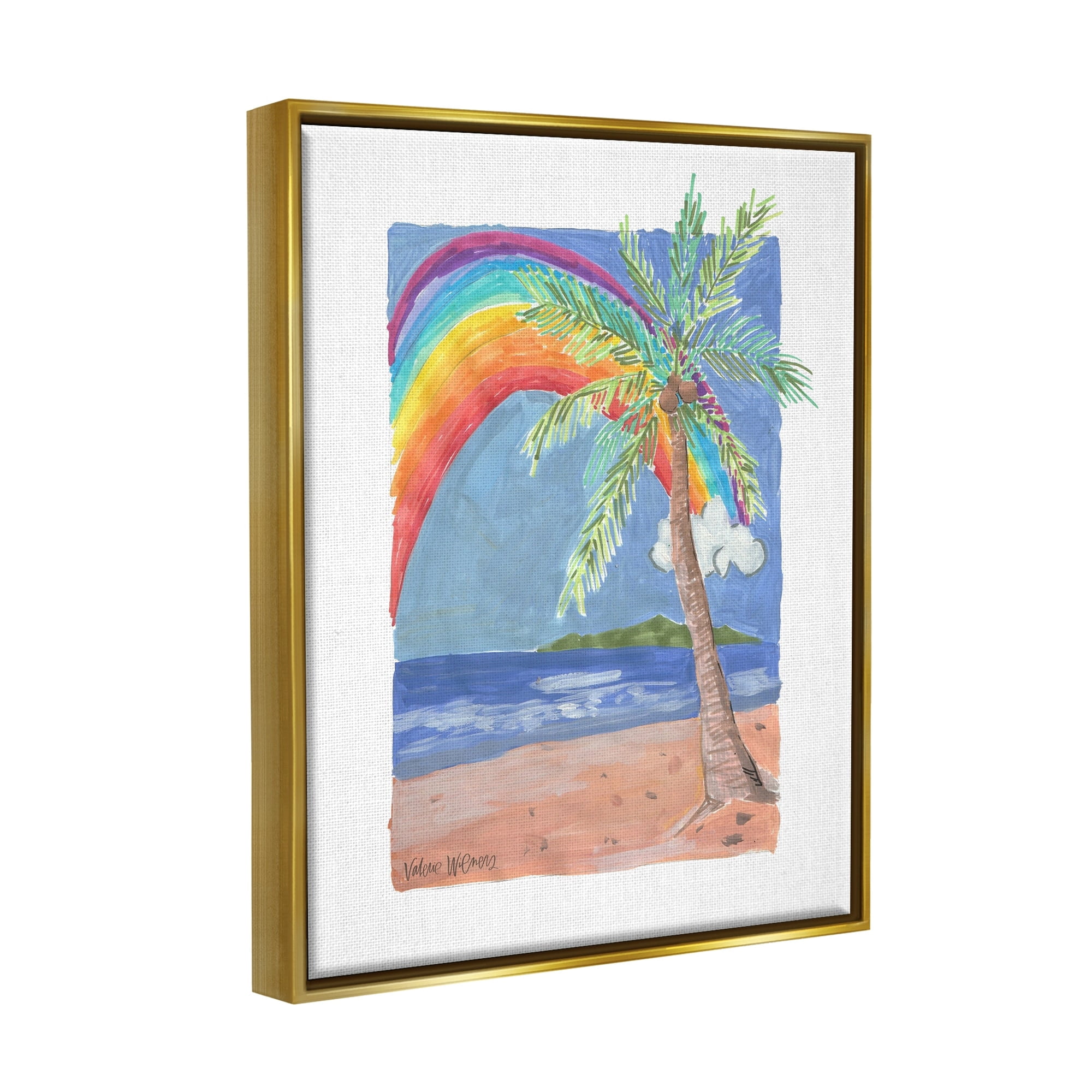 Stupell Industries Whimsical Rainbow Over Beach Tropical Palm Tree Painting Metallic Gold Floating Framed Canvas Print Wall Art, Design by Valerie Wieners