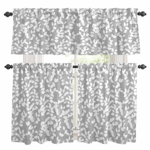 Grey White Botanical Kitchen Curtains Sets for Windows 36 Inch Length, Pastoral Spring Floral Summer Art Rod Pocket Window Treatments Tier Curtains and Valances Set for Bedroom/Bathroom