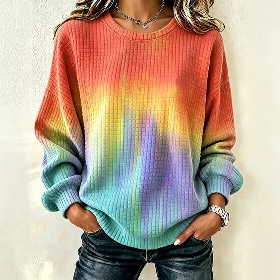 IUYRTFE Women's Ombre Waffle Knit Crewneck Sweatshirt Long Sleeve Relaxed Fit Casual Pullover Top
