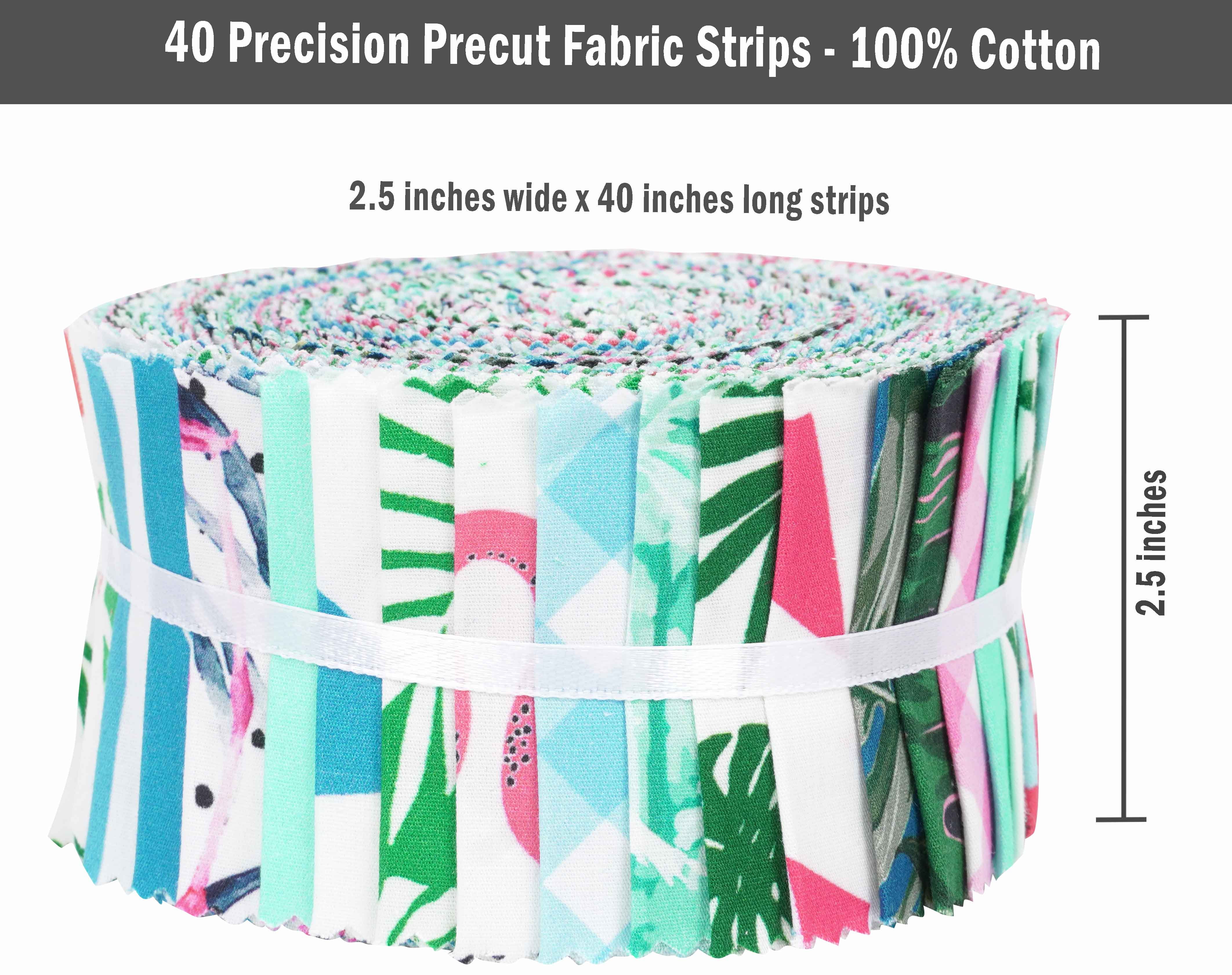 Soimoi 40Pcs Tropical Theme Flamingo Print Cotton Precut Fabrics For Quilting Craft Strips 2.5x42inches Jelly Roll - Pink, Blue & Green
