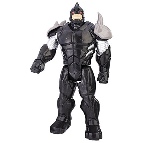 figura de acción de spider-man marvels rhino figura Titan Hero de 12 pulgadas, vista frontal centrada; Rhino con armadura negra y hombreras gris claro, brazos con textura metálica y ojos pintados rojos, silueta robusta con articulación básica, fondo blanco; según especificaciones incluye dos accesorios y es adecuada también para exhibición en estanterías de colección.