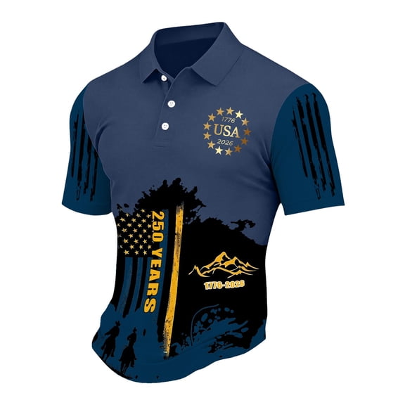 Hogleaql Men's Trendy 250th Anniversary Usa Polo Shirts Short Sleeve Button Down V Neck Usa 1776-2026 T-Shirt Independence Day Patriotic Dressy Tshirt Dark Blue XL