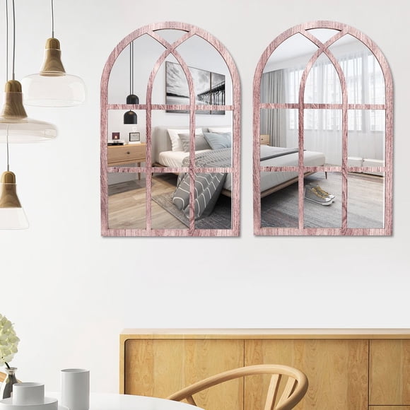 SNNROO 2Pcs Window Wall Mirror for Wall Decor Vintage Rustic Arched Wall Mirror Decorative Windowpane Mirror Acrylic Mirror Wall Decor with Wood Frame for Living Room Bathroom Bedroom Kit