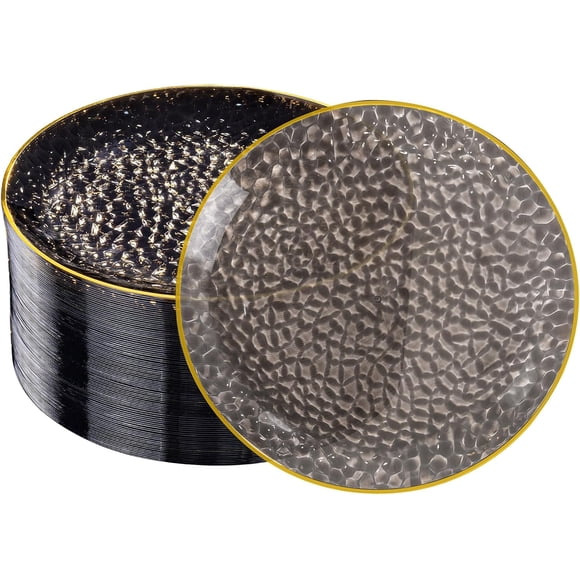 DaYammi 60 Pcs Clear Black Plastic Dessert Plates, Hammered Party Plates, Disposable Heavy Duty Salad/Dessert Platos, Gold Plastic Appetizer Platos Disposable For All Occasions