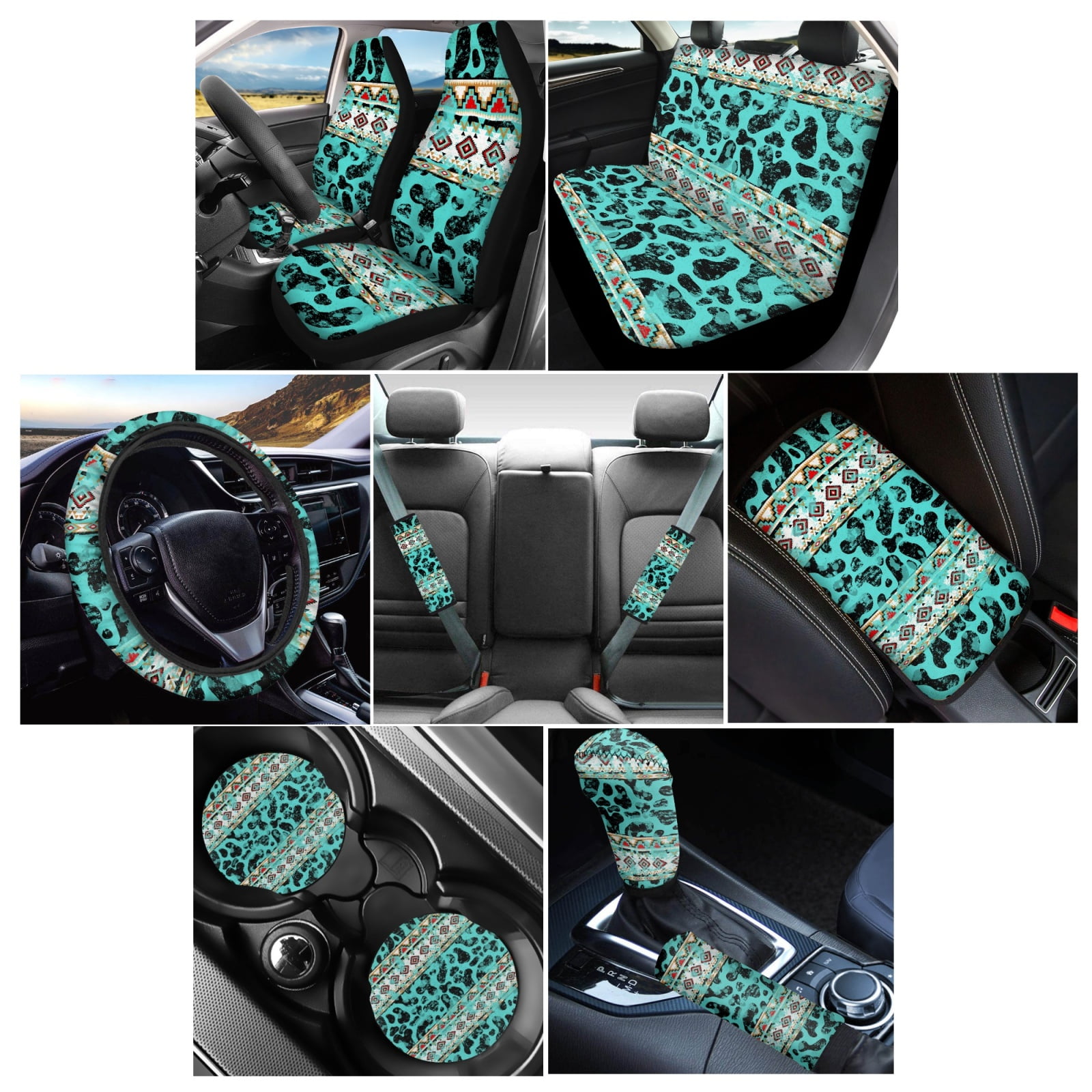 Renewold American Tribal Cow Print Teal Car Seat Covers for Women Men, with Steering Wheel Cover Seat Belt Pad Armrest Pad Handbrake Cover Gear Shift Cover Coaster Holder Car Accessories Set of 12