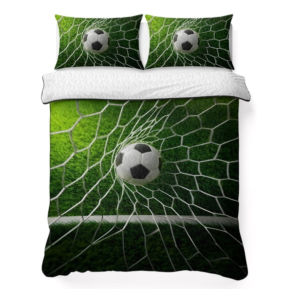 Quilts Twin Size Bedding Set, Soccer Lightweight Quilted Comforter, Goal Net Competitive Green Grass Athletic Soft Reversible Bedspread Coverlet with Pillow Covers for All Season, 68" x 86"