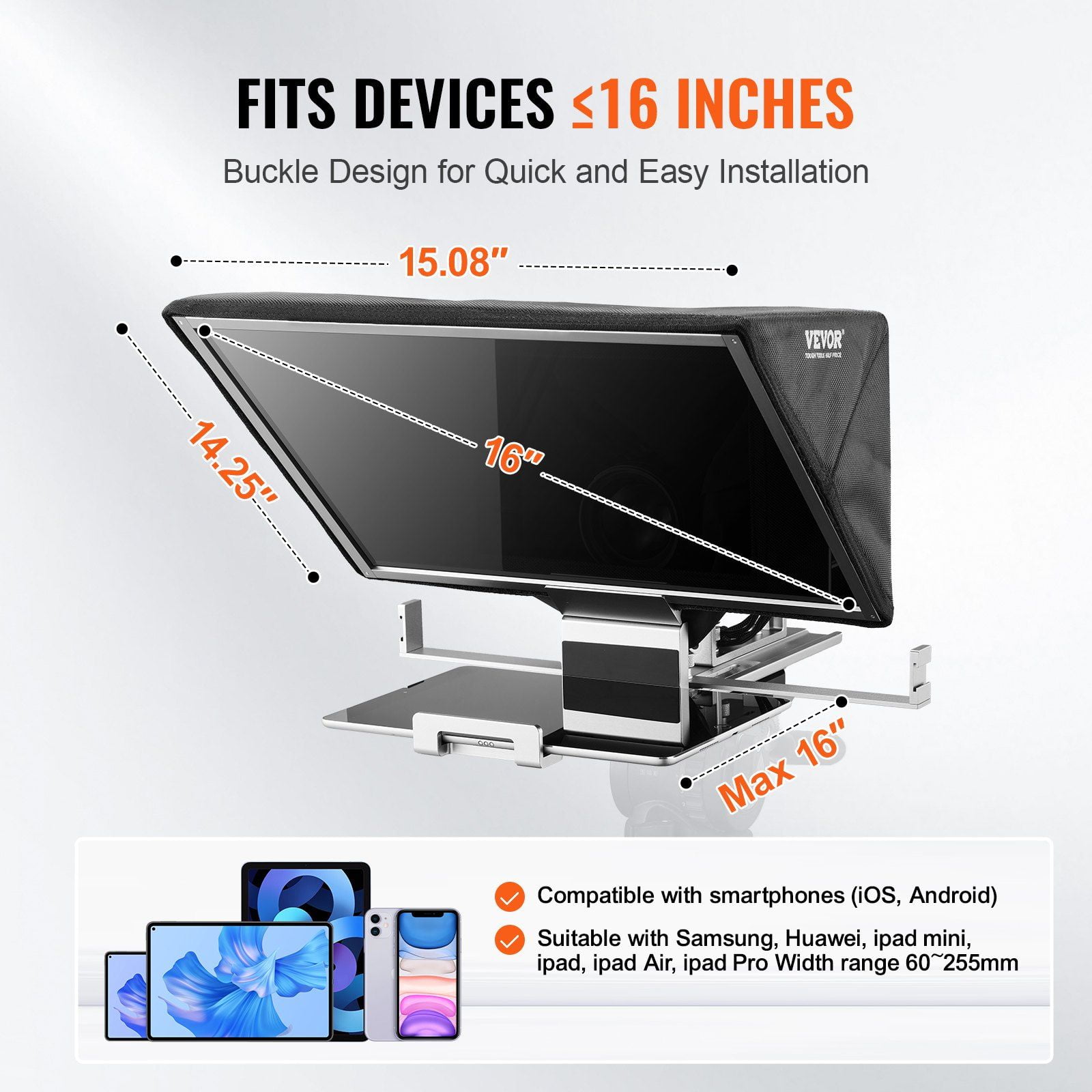Adjustable 16'' Floor-Mounted Teleprompter with Remote - Perfect for Live Streaming on Phone & Webcam