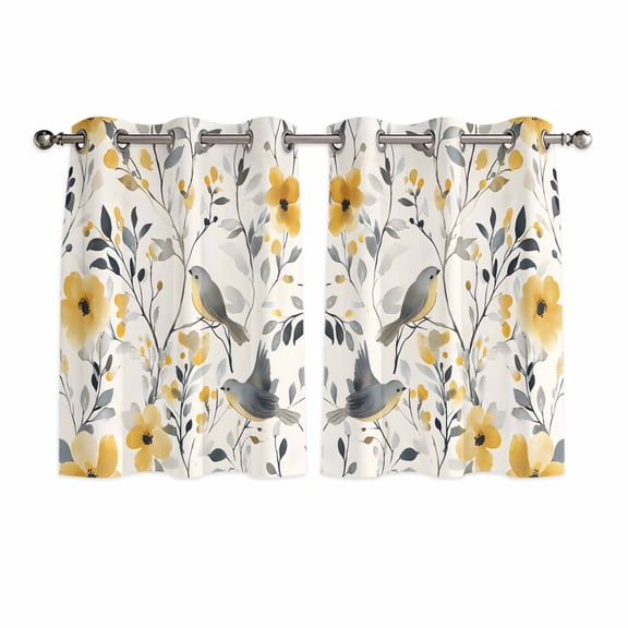 Yellow Grey Botanical Kitchen Curtains Short 54 Inch Length, Birds Spring Floral Pastoral Grommet Top Bedroom Living Room Curtains, Light Filtering Cafe Curtain Drapes 2 Panels Set 84''x54''