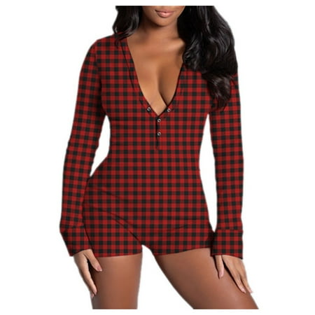 

Follure casual trousers for ladies Women s Plaid Printing Functional Buttoned Flap Adults Pajamas Red XXL