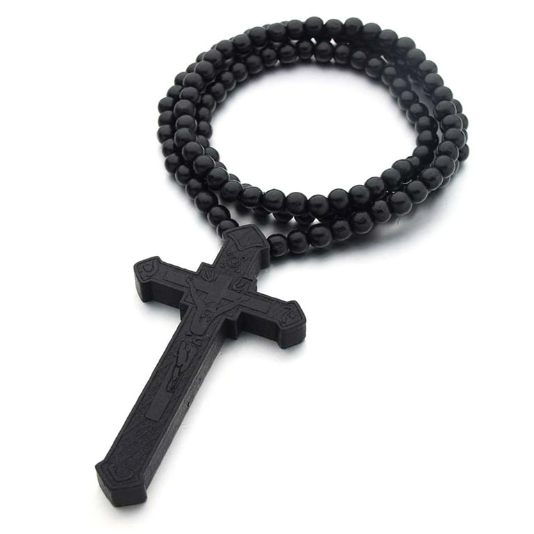 Wooden Cross Necklace w/ Bead Black