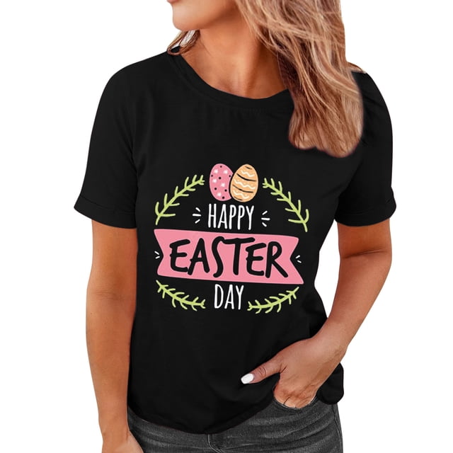 Pxiakgy Liquidation! Joyeuses Pâques! T-Shirts pour Femmes, T-Shirt Graphique Lapin de Pâques, T-Shirts de Vacances Œuf de Pâques, Mode Féminine Col Rond Manches Courtes T-Shirt Imprimé Noir TG