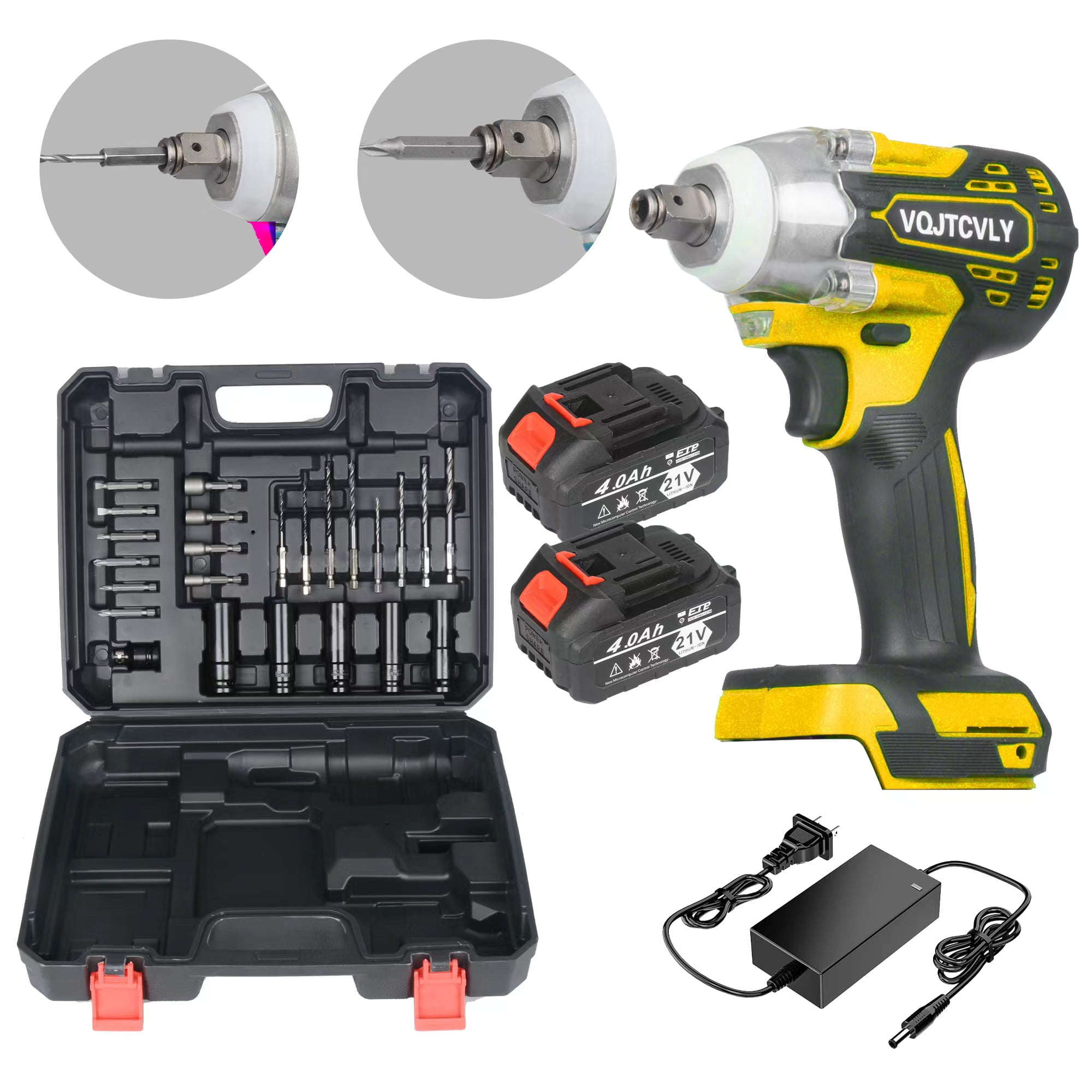 VQJTCVLY  Brushless impact driver, 21V Cordless impact wrench 1/2 Inch, 2 × 4.0Ah impact drill tool set, 5 Sockets, 7 Drill, 6 Screws for Car Home Truck Mower Father Dad Husband, Yellow