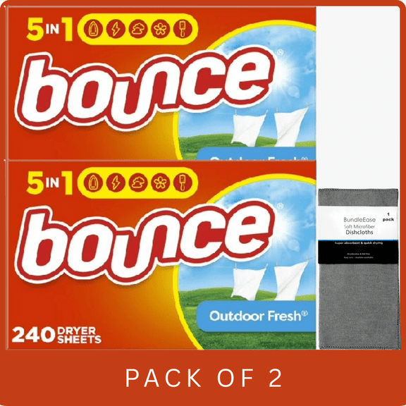 Bounce Outdoor Fresh Dryer Sheets 240 Ct with Microfiber Solid Color Towel by BundleEase