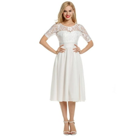 Women Floral Lace Short Sleeve Evening Wedding Swing Pleated Dress