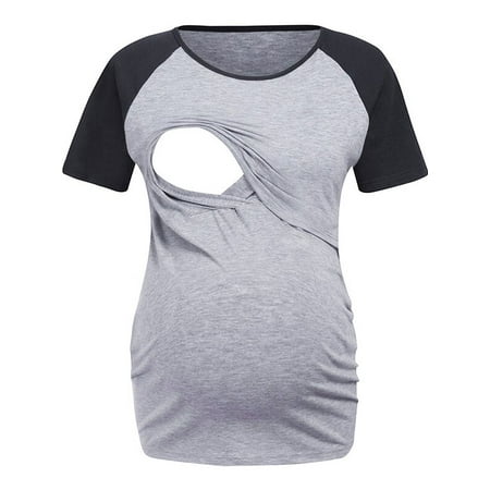 Jchiup Women's Maternity Round Neck Double Layer Nursing Nightwear Breastfeeding Shirt Top Summer (Best Clothes To Wear For Breastfeeding)