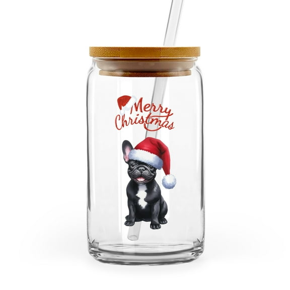 Merry Christmas French Bulldog Santa Hat Xmas Tree Winter Holiday 16oz Glass Cup Mug Dog Lover Gifts Glass Can with Bamboo Lid and Straw - 01013