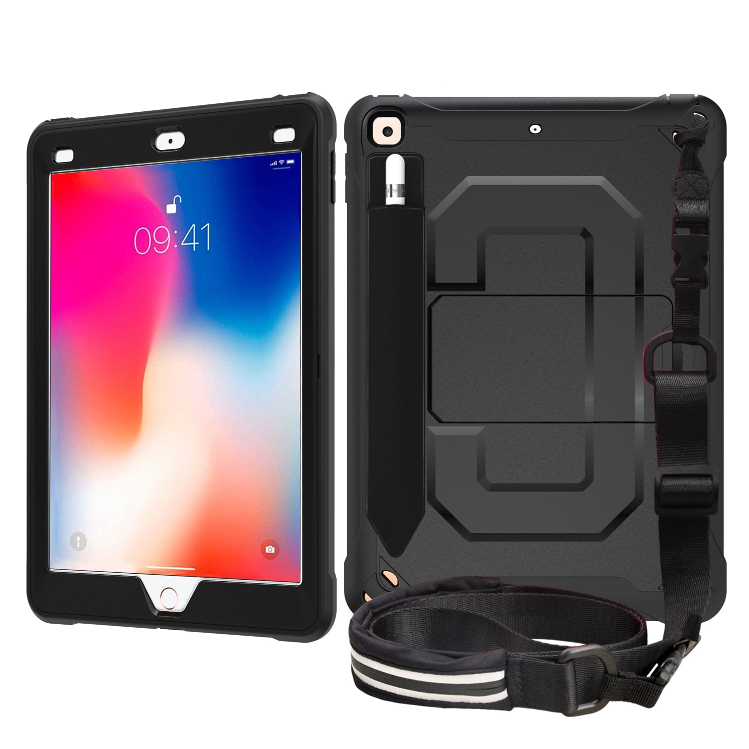 Allytech iPad Mini 1 2 3 Case for Kids, Heavy Duty Protection Pencil Holder Shockproof Anti-Scratch Bumper Multi Angle Viewing Stand Defender Back Cover Ccase for Apple iPad Mini 3 2 1,Black