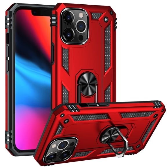 iPhone 13 Pro Case, Ring Holder Kickstand Full Body Shockproof Magnetic Car Mount Hybrid Rugged Protective Phone Cover, Red