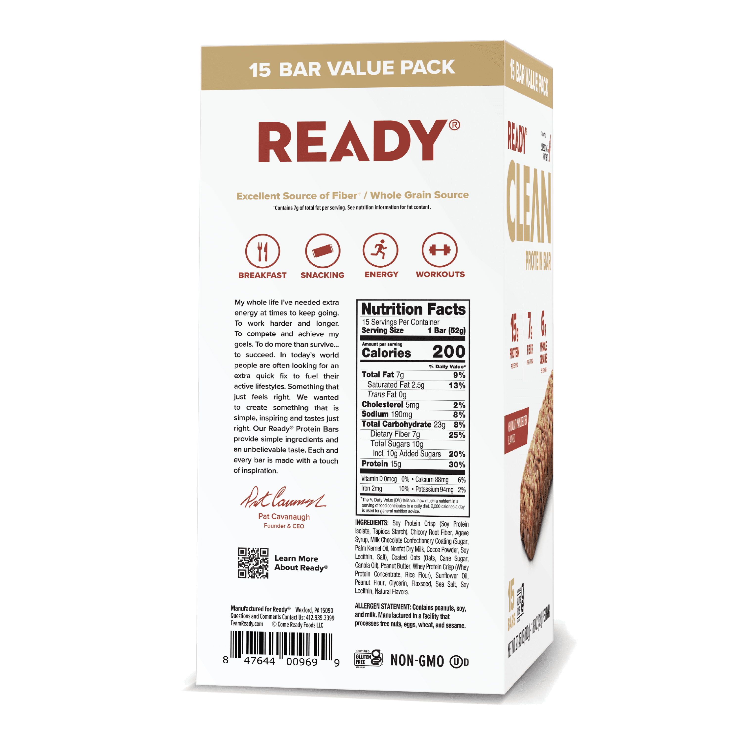 (3 pack) Ready Clean Protein Bar, Chocolate Peanut Butter, 15 Count