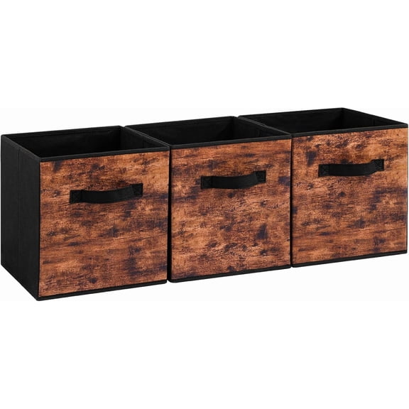 Fabric Storage Cubes, 3 Pack Foldable Bins with Handle, 11 Inch Baskets Box for Shelves, Closet, Organizer, Rustic Brown and Black