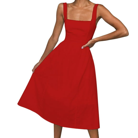 Prolriy Spring Summer Dresses for Women 2025 Casual Dress for Women Square Neck Spaghetti Strap Solid Sleeveless Summer Loose Dress Sundresses for Women, Womens Dresses Red L