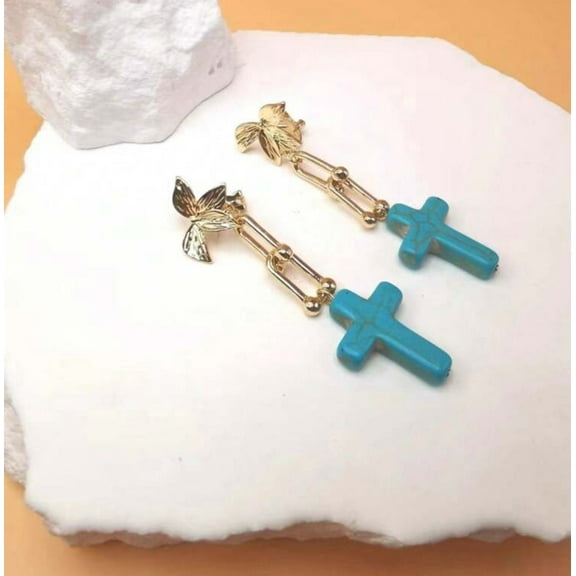 Clip on 2 3/4" gold leaf and dangle turquoise cross earrings