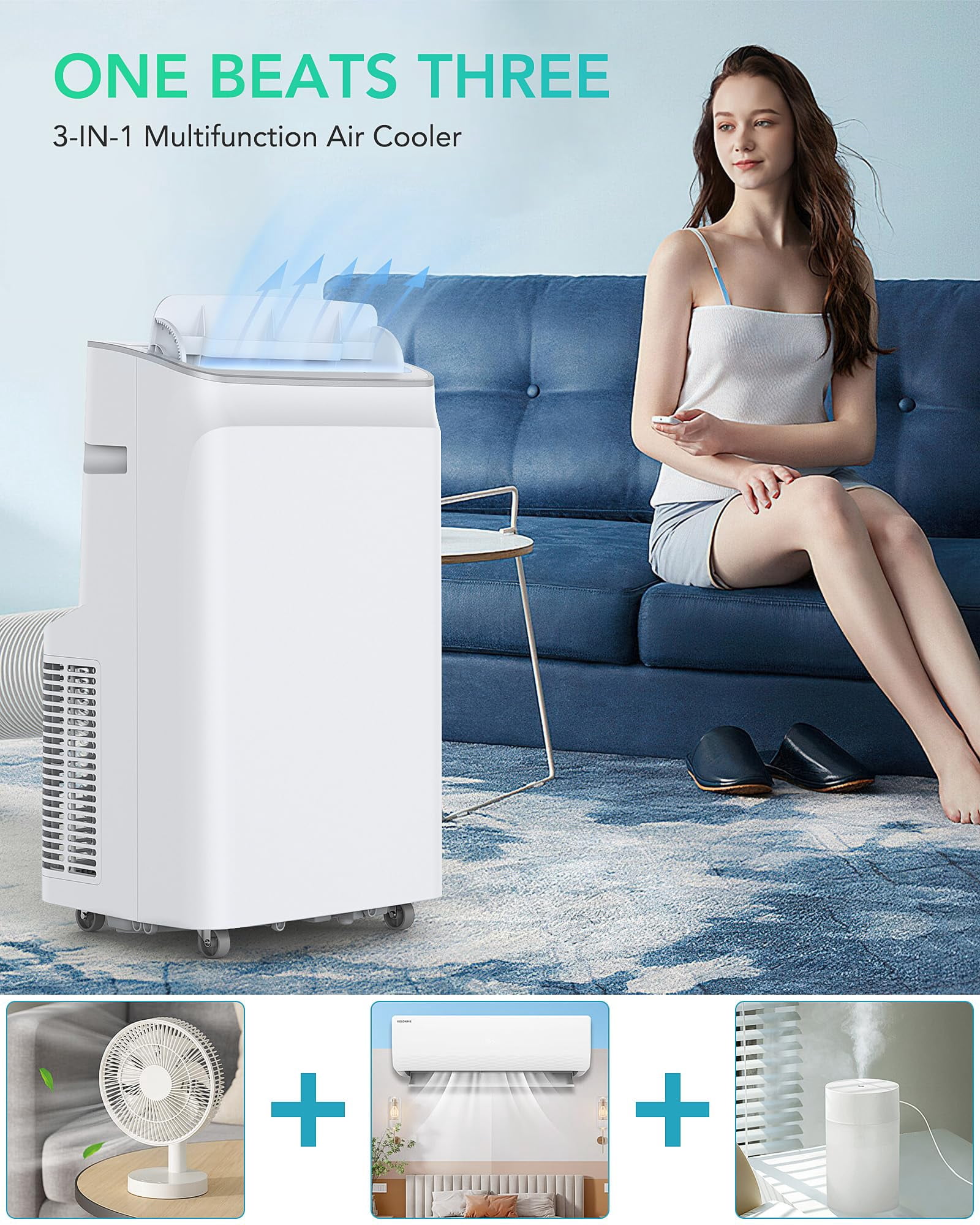 12,000 BTU Portable Air Conditioner, 3-in-1 Multifunctional Air Cooler with Remote Control & 24-Hour Timer, Cools Up to 500 sq.Ft, Portable AC for Bedroom, Living Room, Home, Office, White