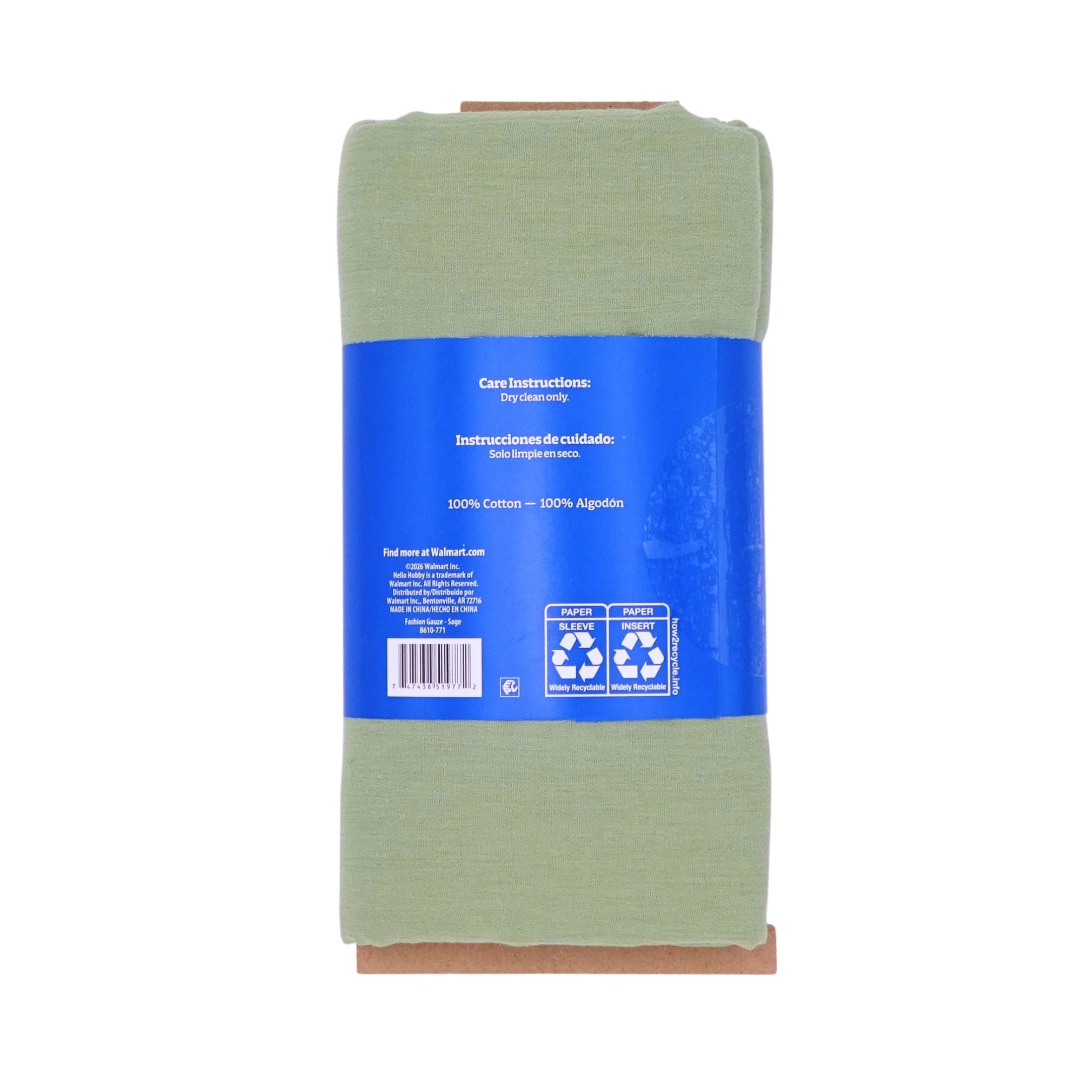 Hello Hobby 48” x 72” 100% Cotton Cotton Gauze 2 Yard Precut Fabric, Sage, 48" Wide for Sewing & Crafting