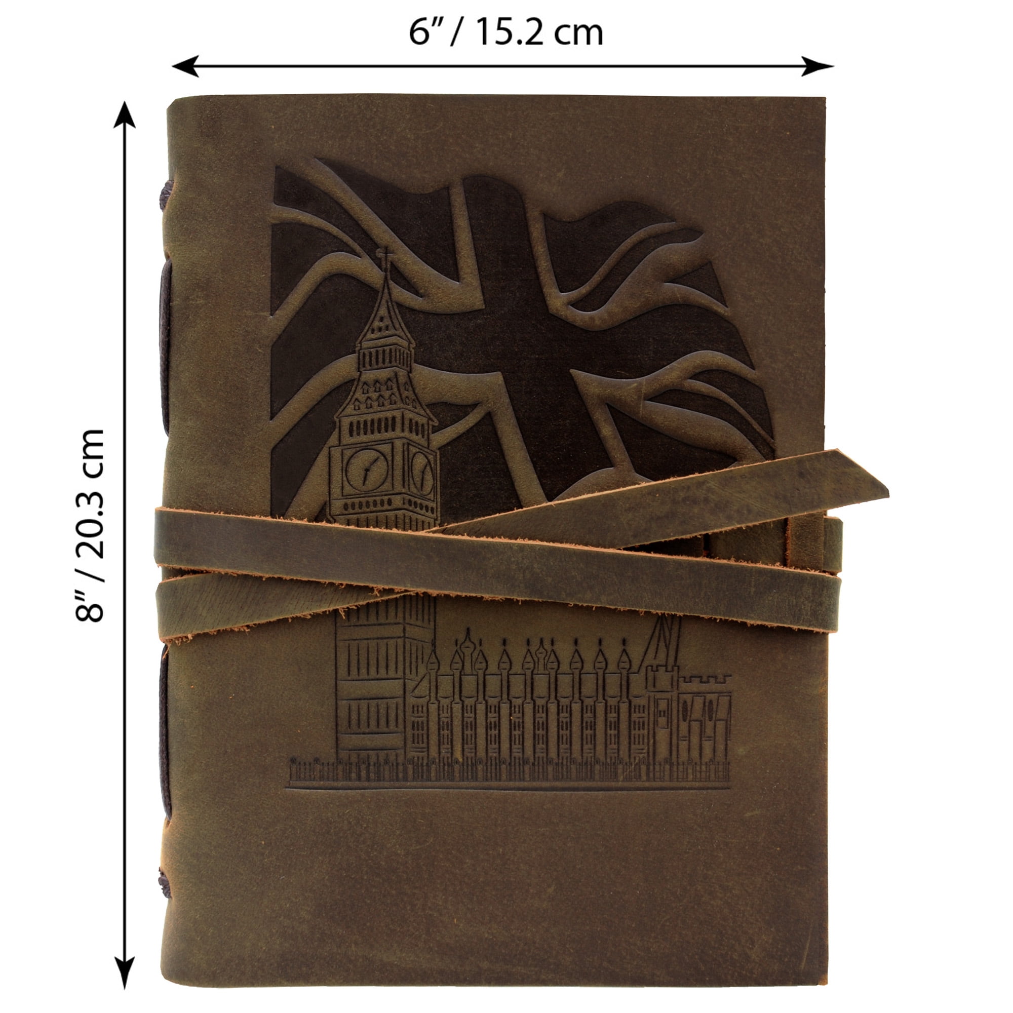Leather Bound Journal for Men and Women, Handmade Gift Set with Union Jack Flag and Big Ben Embossed Journal and Stylish Pen, Vintage and Classic, Notebook, Sketchbook, Planner Diary (300 Pages) 8x6"