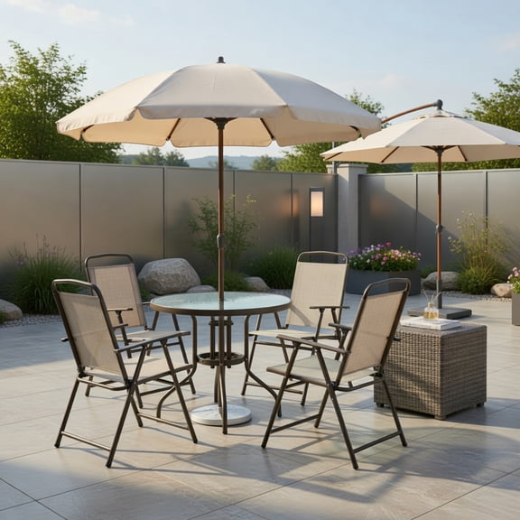 Resenkos 6-Piece Beige Outdoor Dining Set for 4 – Round Tempered Glass Table, 4 Foldable Mesh Chairs & 67-inch Ruffled Patio Umbrella for Backyard, Poolside, Garden