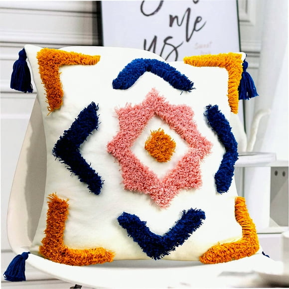 Housses de Coussin Boho Capitonnées - Bleu Jaune Rose Tissées Douces Décoratives - Housse de Coussin d'Accent Géométrique Moderne pour Lit Canapé Chambre
