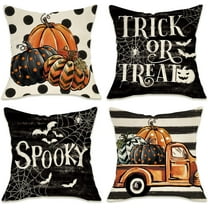 Halloween Trick or Treat Decorative Throw Pillow Covers 16x16 Set of 4, Spooky Pumpkin Truck Spider Web Bat Porch Patio Outdoor Pillowcase, Polka Dot Stripes Holiday Cushion Case Home Decor