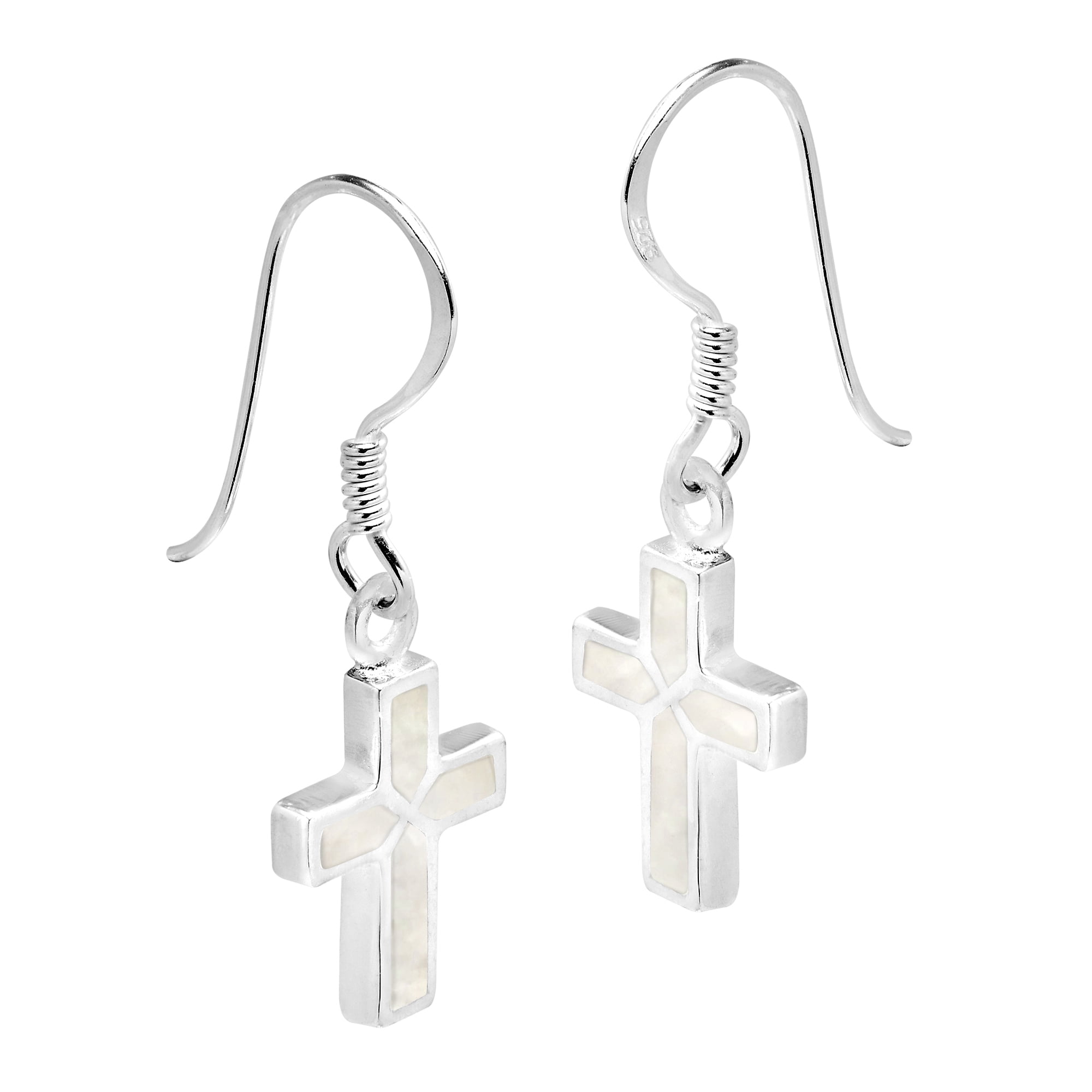 Mini Cross Inlaid White Mother of Pearl Sterling Silver Dangle Earrings