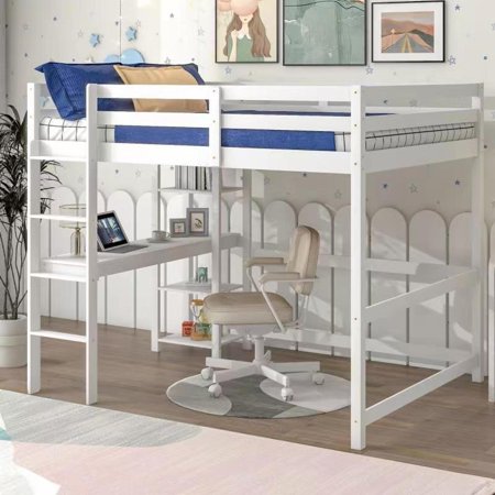 Full Loft Bed with Desk and Shelves White