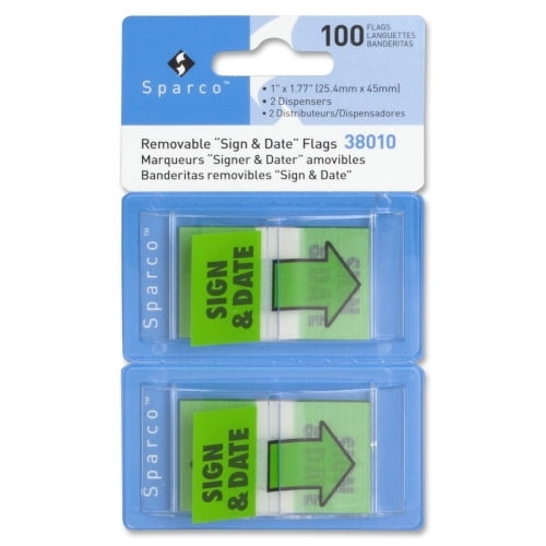 Sparco, SPR38010, 'Sign & Date' Preprinted Flags in Dispenser, 100 / Pack, Green
