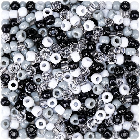 DESIGNICE 1000Pcs 6X9Mm Pony Beads Bulk - Black, Gray, White Kandi Beads for Bracelets, Hair Braids, Jewelry Making, Crafts - Large Hole Plastic Bead for Diy Kits