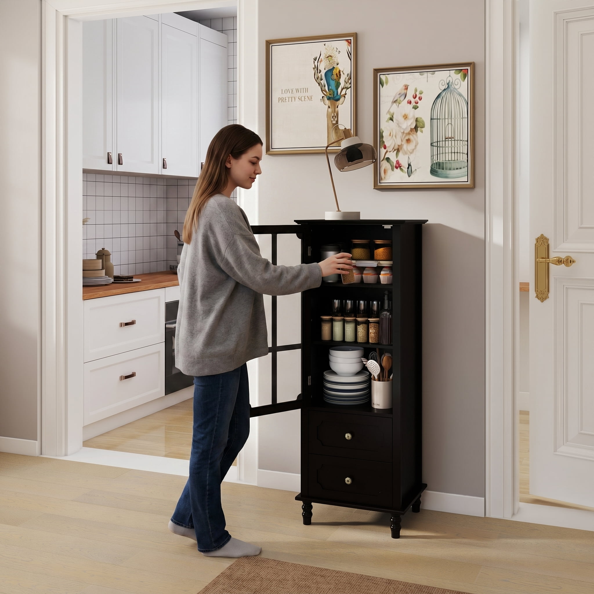 Tall Storage Cabinet with Glass Door & 2 Drawers, Narrow Freestanding Sideboard Buffet with Adjustable Shelves, Farmhouse Retro Pantry Cupboard for Dining Room, Living Room, Bathroom, Stud