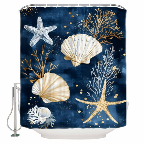 72x78 Inch Shower Curtain Coastal Bathroom Decor Waterproof Fabric Bathtub Bath Curtains Decorative Summer Beach Starfish Shell Sea Coral Navy Blue Extra Long Shower Curtain Set with Hooks